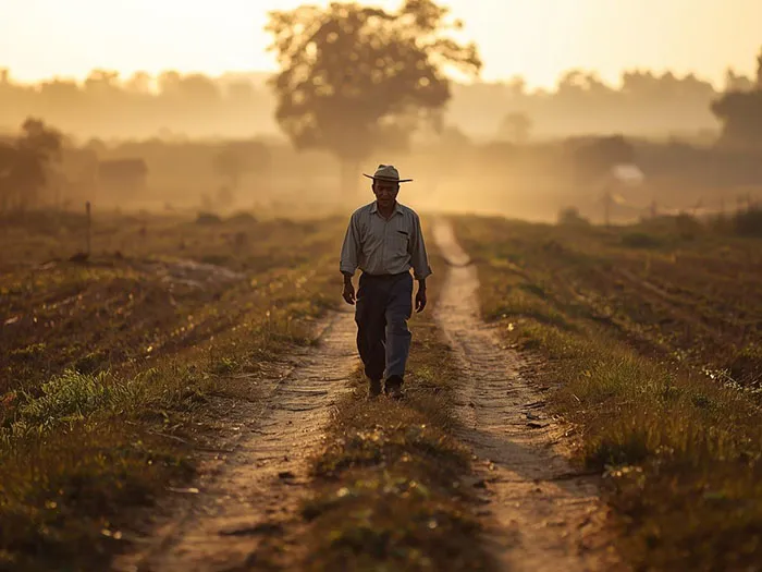 Farmer walking along a worn dirt path through open countryside, symbolizing a steady and consistent life