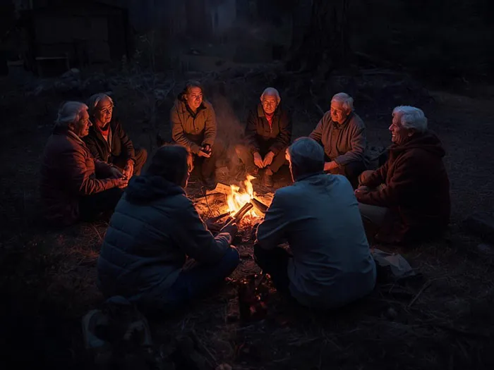 Group of people sitting around a campfire in the woods at dusk, sharing a quiet moment together