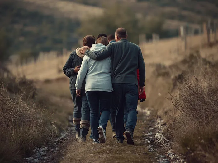 Small group walking together on a natural path, one person gently supporting another