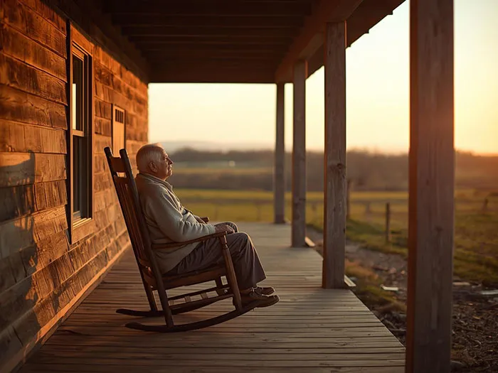 Elderly man sitting in a rocking chair on a quiet farmhouse porch at sunset, reflecting peacefully
