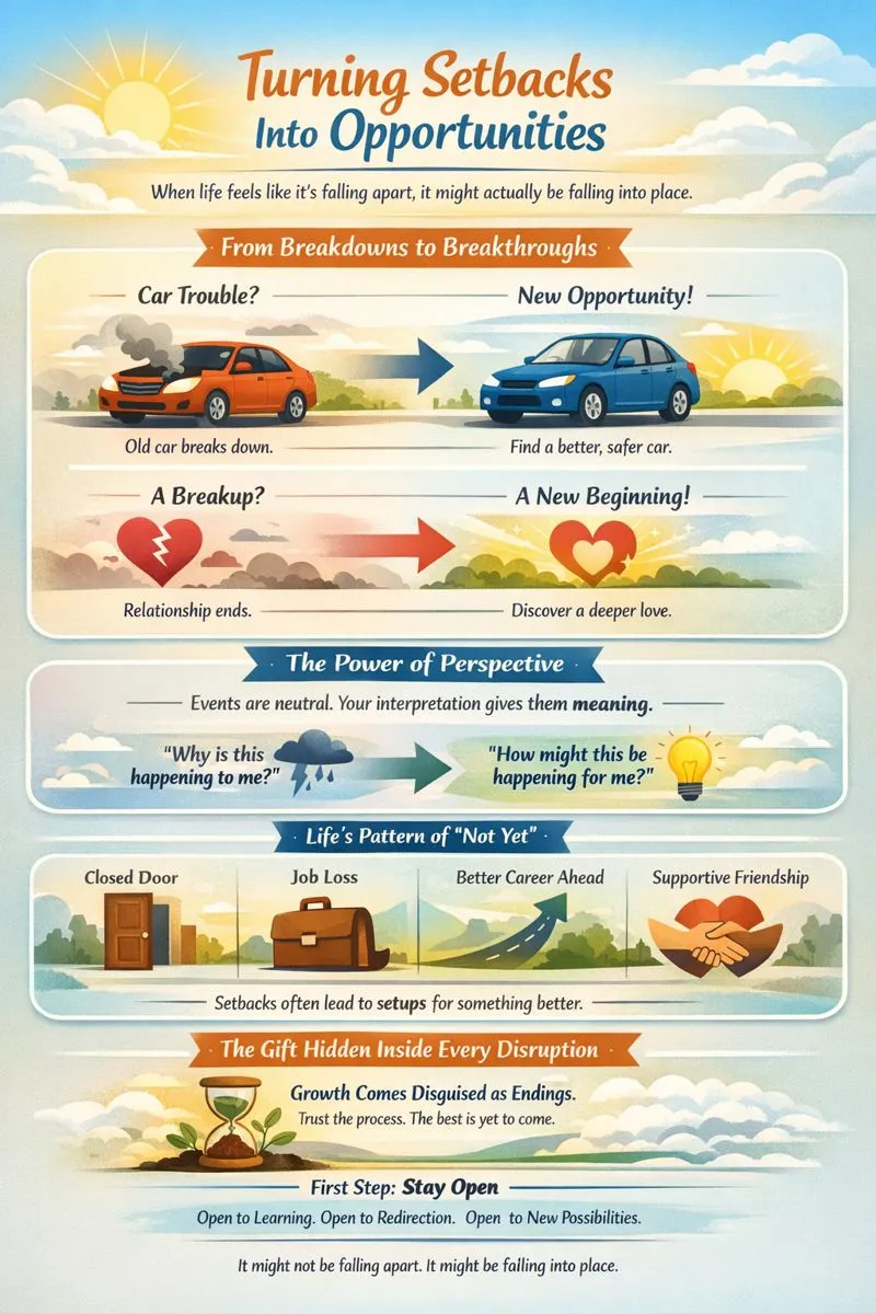Infographic showing how to turn setbacks into opportunities with car breakdown breakup perspective shift and growth lessons - Hope Restored Farms Infographic showing how to turn setbacks into opportunities with car breakdown, breakup, perspective shift, and growth lessons
