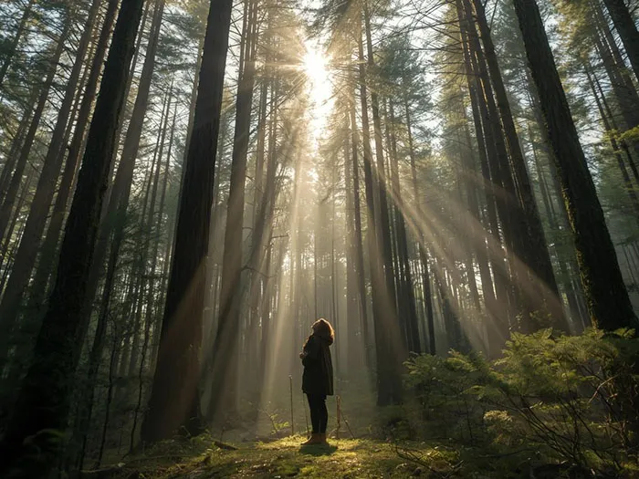 Person standing in a forest looking up at tall trees with sunlight filtering through the branches