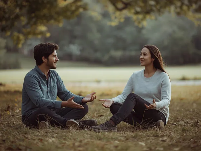 Two people sitting outdoors in a calm conversation, one listening with open and accepting body language