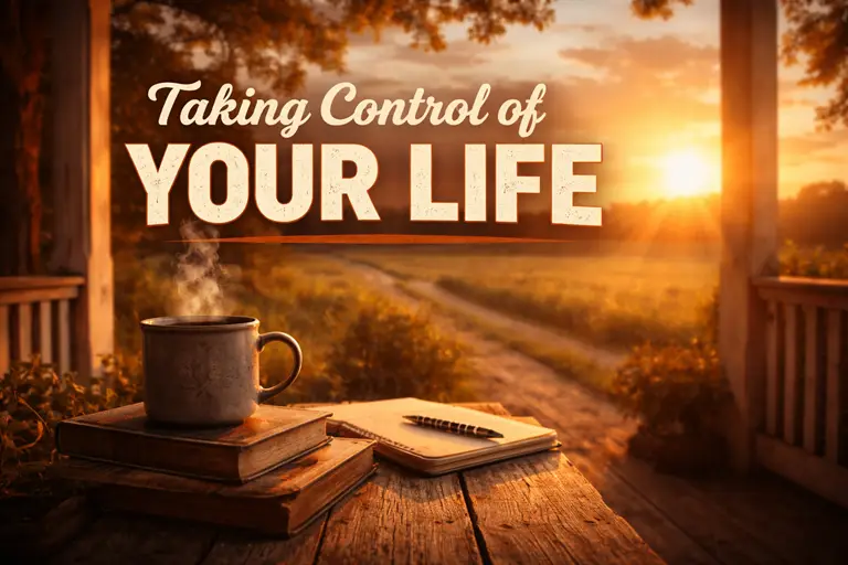 Taking control of your life concept image with coffee cup, notebook, and sunset porch scene
