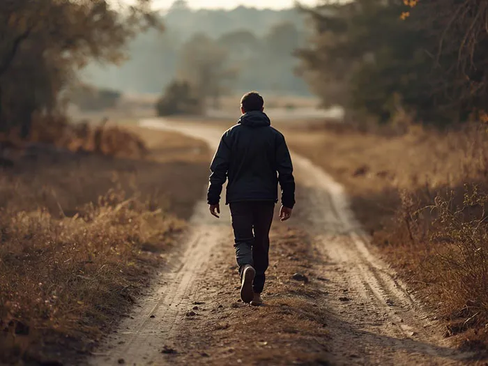 Person walking forward on a natural path, captured mid-step, representing moving ahead in the present moment